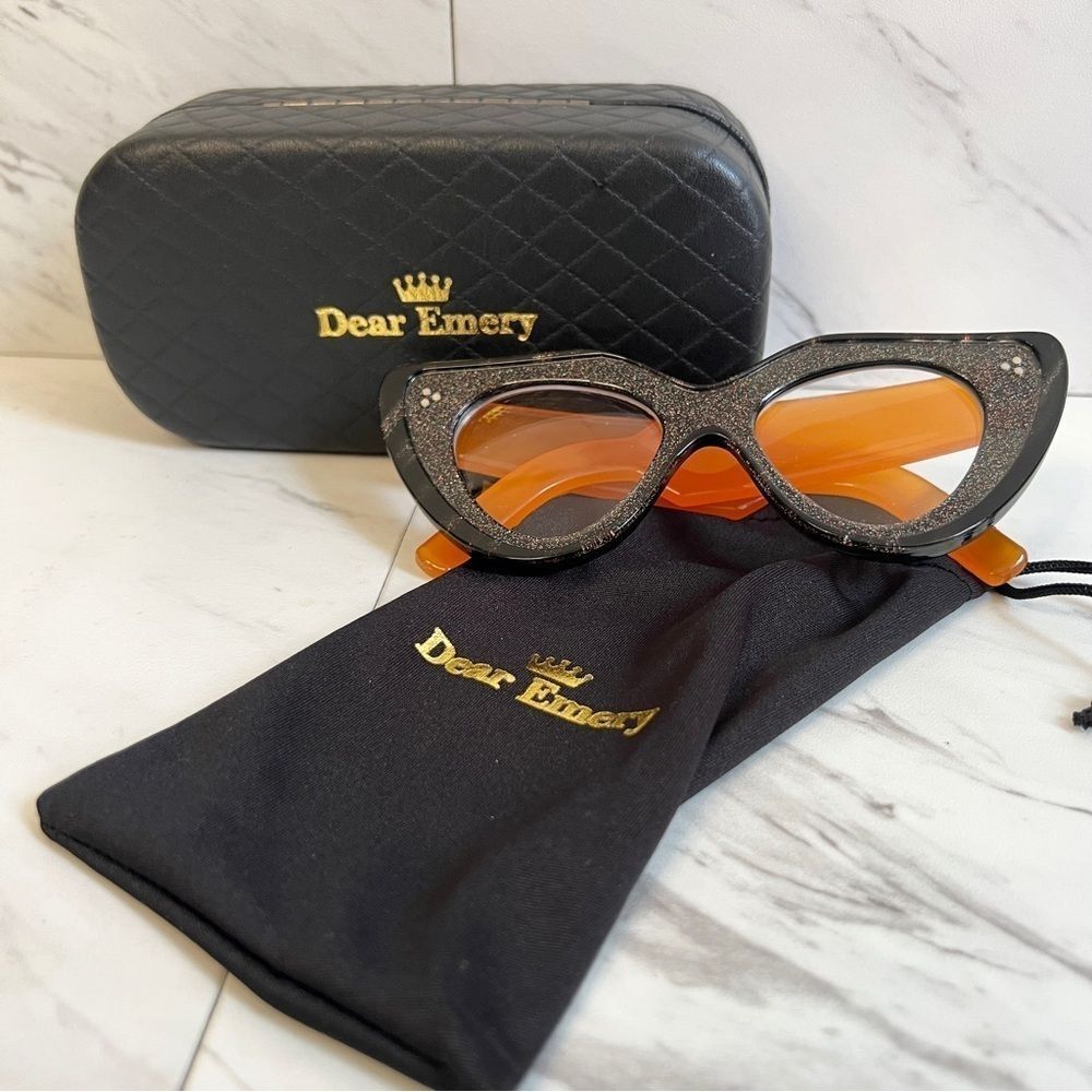 Dear Emery Hand Crafted Black Sparkle Orange Oversized Cat Eye Glasses Case Set